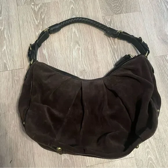 Vtg Y2K Banana Republic Brown Suede Leather Pleated Hobo Purse Braided Handle - Picture 11 of 13